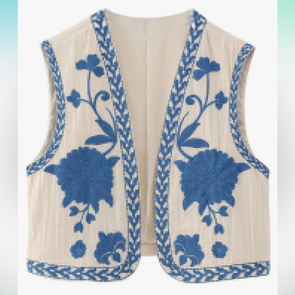 Boho Blue and White Embroidered Vest